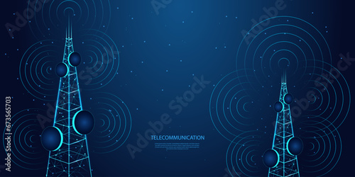 Abstract 3d antenna. polygonal antenna signal receiver concept in dark blue background. Low poly wireframe style technology background. photo