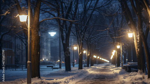 冬の夜の道、雪が積もった歩道の風景 photo
