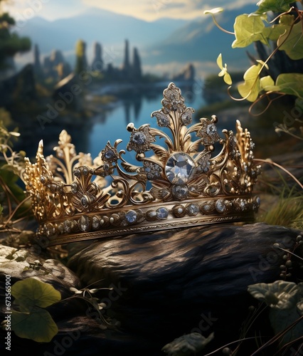 Couronne et tiare royale dans un décor de fantasy photo