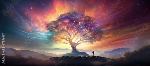 A digital artwork and image editing background featuring a sunset on a mountain with a tree where a silhouette of a young woman stands against a colorful fractal nebula and haze