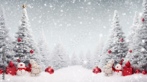 Christmas tree decorated with red balls in forest in snowfall outdoors © tigerheart