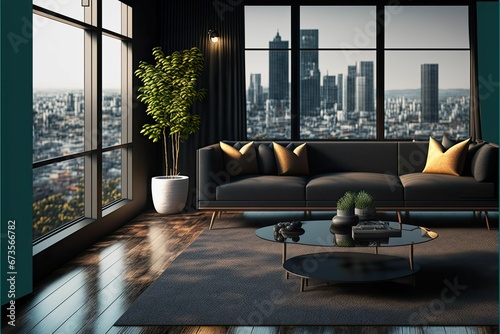 AI generated illustration of a living room with a minimalist black sofa and matching coffee table