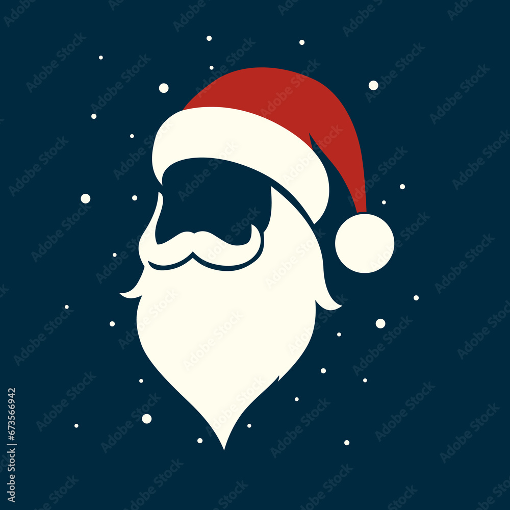 Twarz Świętego Mikołaja z brodą, wąsami i świąteczną czapką z pomponem. Ilustracja wektorowa do wykorzystania przy świątecznych projektach. - obrazy, fototapety, plakaty 