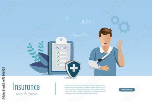 Broken arm man in OK manner with health insurance protection. Vector.