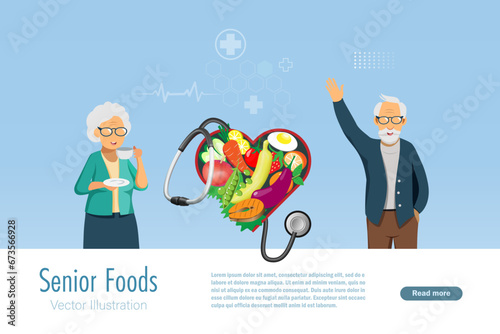 Healthy foods for elderly. Senior couple with low calories foods and vegetables in heart shape with stethoscope. Healthy aging, active elderly. Vector.