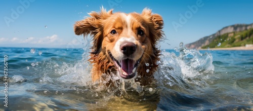 Contented canine enjoying a playful romp amidst the ocean © 2rogan