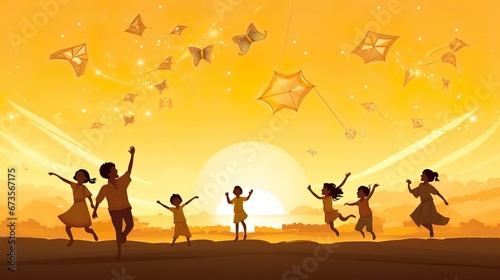 children flying kite in yellowish silhouette mandala in background for template photo