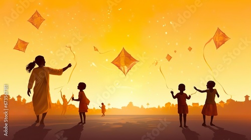 children flying kite in yellowish silhouette mandala in background for template photo