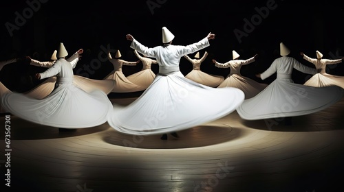a gathering of Turkish whirling dervishes in white clothing is depicted in konya photo