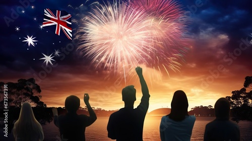 People are looking on fireworks and flag of Australia