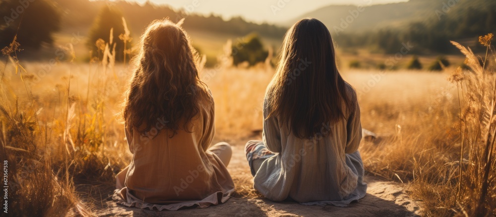 Two young women seated on the pavement facing the opposite direction and gazing into the distance with their hands raised - obrazy, fototapety, plakaty 