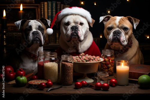 three friendly bulldog dogs, one white and the other two white with coffee, with a red Christmas hat, Christmas Eve, with croquettes and Christmas sweets, for Christmas, in the background some candles © alejandra