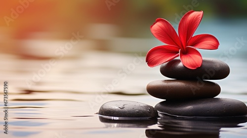 zen stones with deep red plumeria flower on blurred background.copy space