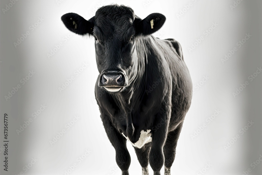 AI generated illustration of a black cow facing the camera with a white background