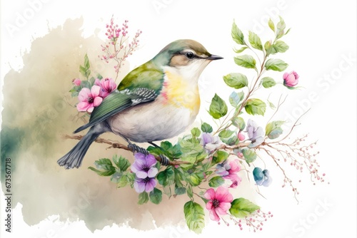 AI generated illustration of a vibrant bird perched atop a branch surrounded by pink blossoms © Wirestock