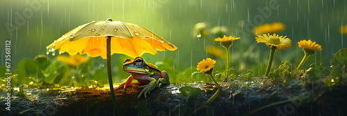 Frogs resting in a lake with autumn leaves.Frog with umbrella