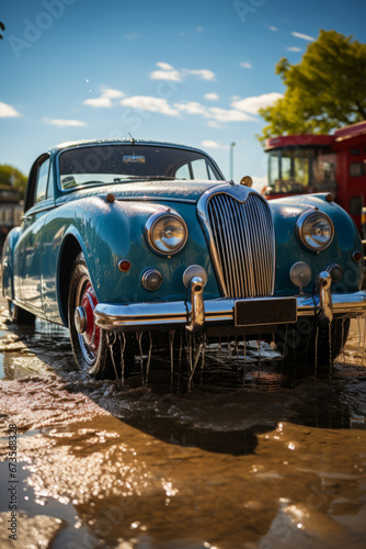 Vintage car being lovingly washed by its owner on a sunny day, Generative AI