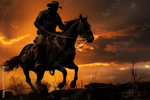  Bronco and rider silhouetted against the evening sky, Generative AI 
