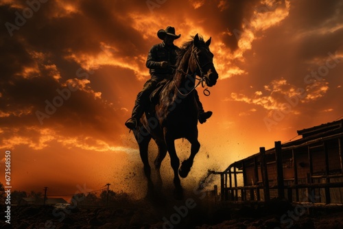  Bronco and rider silhouetted against the evening sky, Generative AI  photo