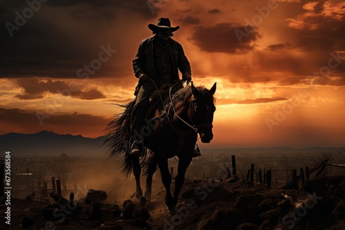  Bronco and rider silhouetted against the evening sky  Generative AI 