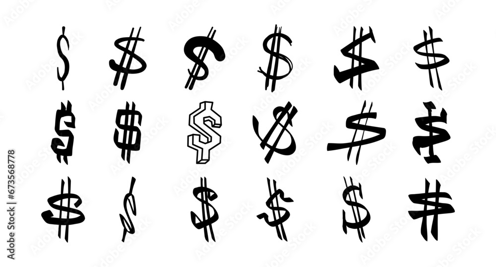 Dollar Hand-drawn doodle sign icon symbol set. Dollar money vector brushstrokes punctuation illustration on white background