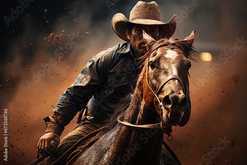 Cowboy on a bucking bronco, showcasing the intense action of the rodeo, Generative AI © Shooting Star Std