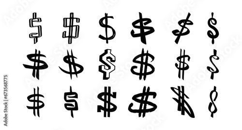 Dollar Hand-drawn doodle sign icon symbol set. Dollar money vector brushstrokes punctuation illustration on white background