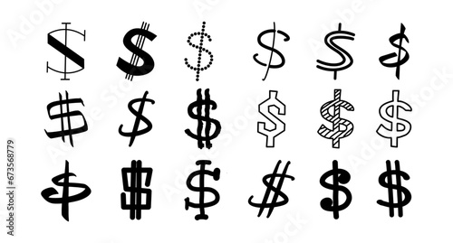Dollar Hand-drawn doodle sign icon symbol set. Dollar money vector brushstrokes punctuation illustration on white background