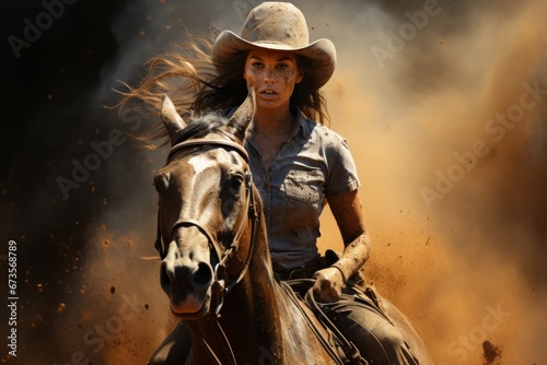 Cowgirl racing through a barrel pattern in a cloud of dust, Generative AI