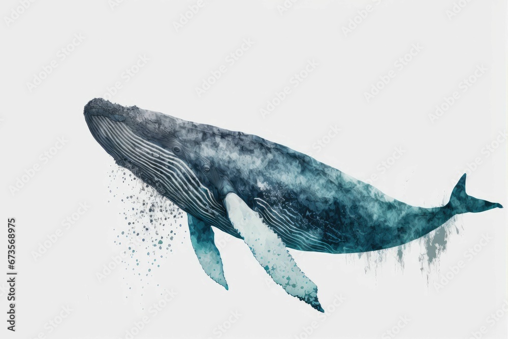 AI generated illustration of  a large whale swimming in the water on a white background