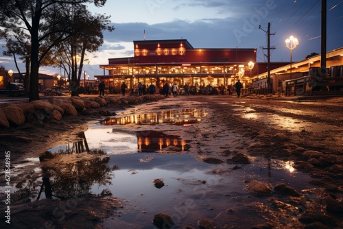 Rodeo arena at night, aglow with the lights of the event, Generative AI photo