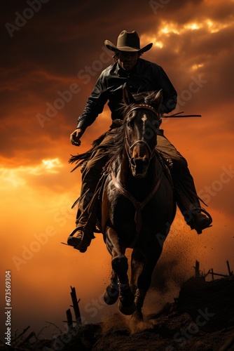 Bronco and rider silhouetted against the evening sky, Generative AI © Shooting Star Std