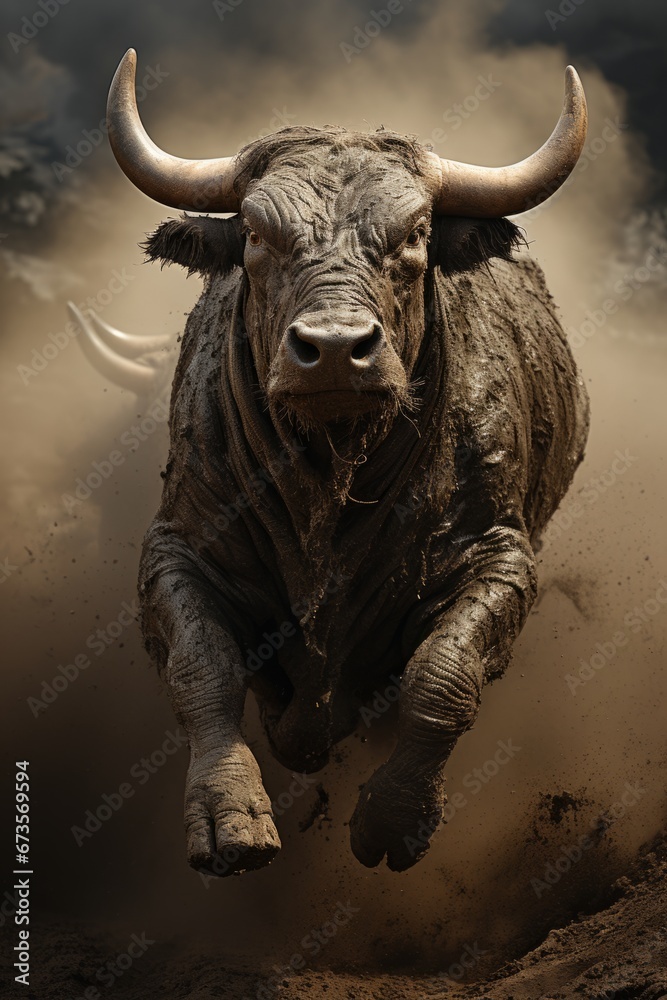 Obraz premium Fearless bull rider hanging on for dear life, Generative AI