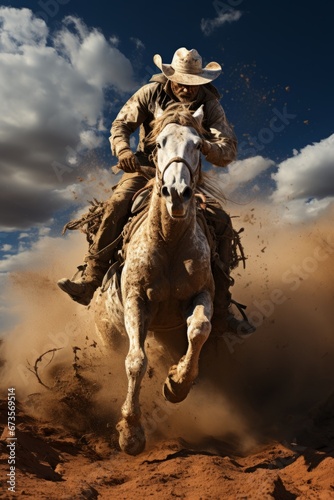 Cowboy on a bucking bronco, showcasing the intense action of the rodeo, Generative AI