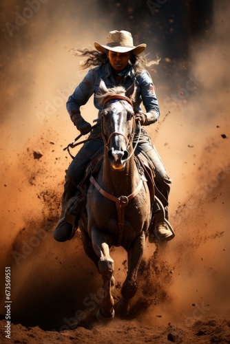 Cowgirl racing through a barrel pattern in a cloud of dust, Generative AI © Shooting Star Std