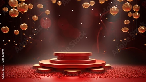 Chinese red background podium 3d stage product year new gold china lunar luxury stand. Golden chinese display background red award pedestal abstract light studio shape asian circle happy modern maroon photo