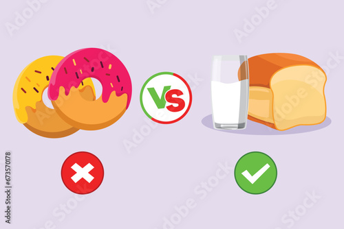 Healthy vs unhealthy food. food nutrition concept. Colored flat vector illustration isolated.