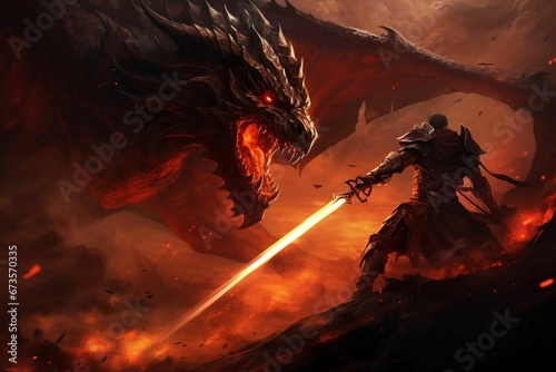 a person and a dragon fighting in an artful setting  the human holding a sword