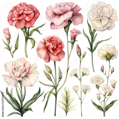 Set of watercolor carnation flower clipart, isolated on a transparent background photo
