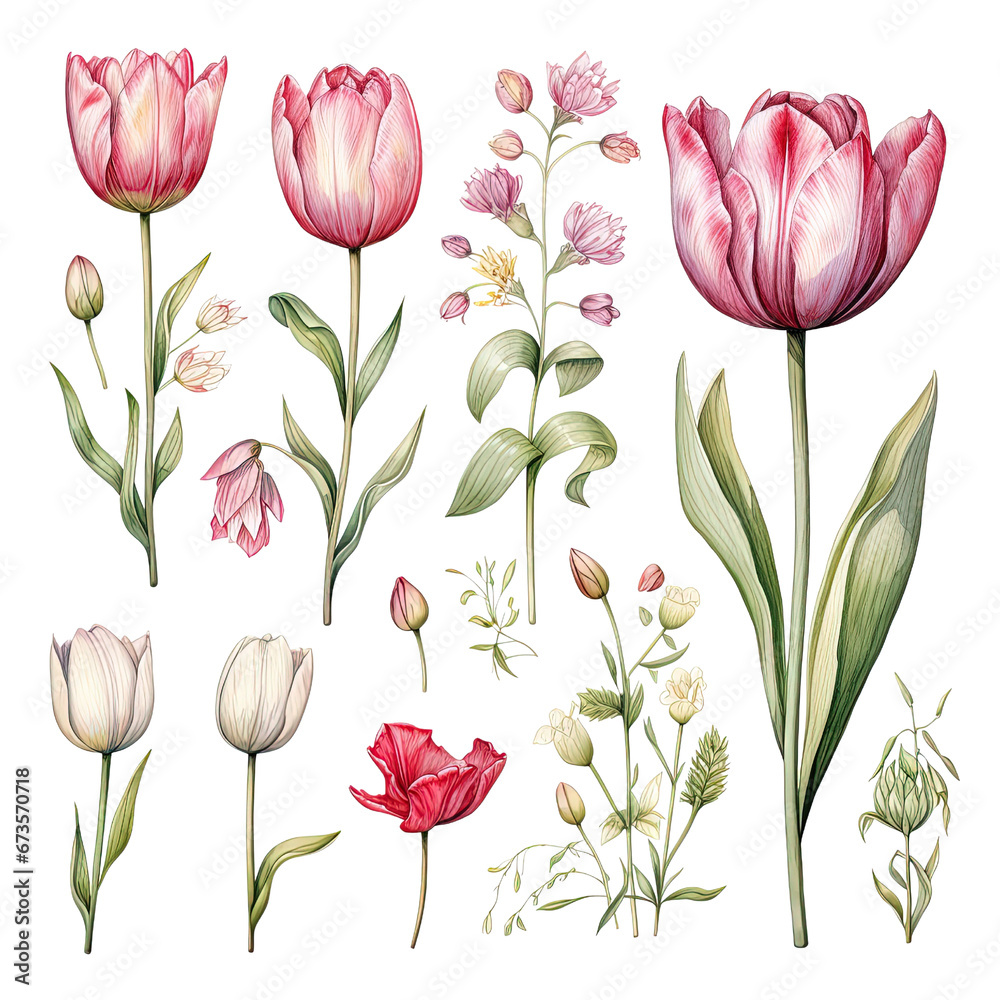 Set of watercolor tulip flower clipart, isolated on a transparent background Set of watercolor tulip flower clipart, isolated on a transparent background