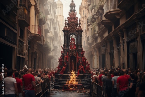 Religious procession with a statue of San Fermín carried through the streets, Generative AI