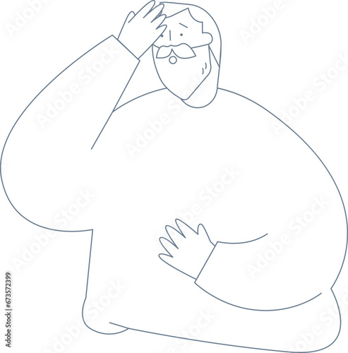 An elderly man in trouble. He has his hand on his forehead.
