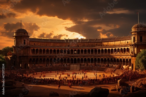 Spectacular bullfighting arena, highlighting the grandeur of the sport during the festival, Generative AI photo
