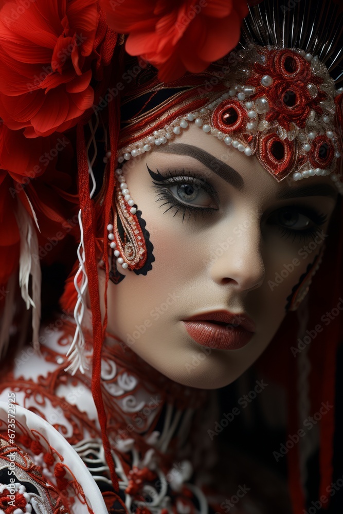 Close-up of a traditional Basque dancer's vibrant costume at San Fermín, Generative AI Close-up of a traditional Basque dancer's vibrant costume at San Fermín, Generative AI