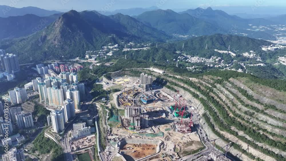 Aerial drone skyview of Hillside Rock Cavern Quarry Development in Anderson Road ,land formation construction housing project in Kwun Tong Sau Mau Ping Tseung Kwan O Kowloon Hong Kong China Aerial drone skyview of Hillside Rock Cavern Quarry Development in Anderson Road ,land formation construction housing project in Kwun Tong Sau Mau Ping Tseung Kwan O Kowloon Hong Kong China