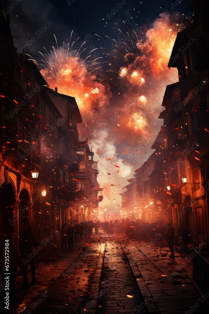 Fototapeta premium Fireworks illuminating the night sky over Pamplona during the festival, Generative AI