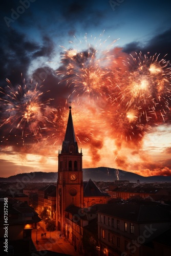 Fireworks illuminating the night sky over Pamplona during the festival, Generative AI