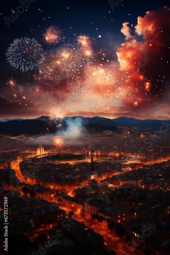 Fireworks illuminating the night sky over Pamplona during the festival  Generative AI