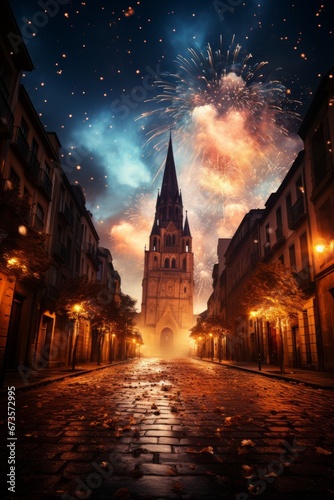 Fireworks illuminating the night sky over Pamplona during the festival, Generative AI