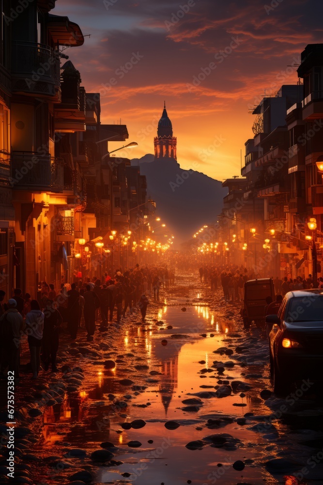 San Fermín cityscape at twilight, capturing the festival's charm and energy, Generative AI